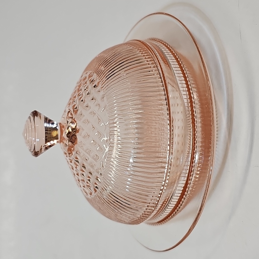 Jeannette Glass "Homespun Pink" Covered Butter Dish